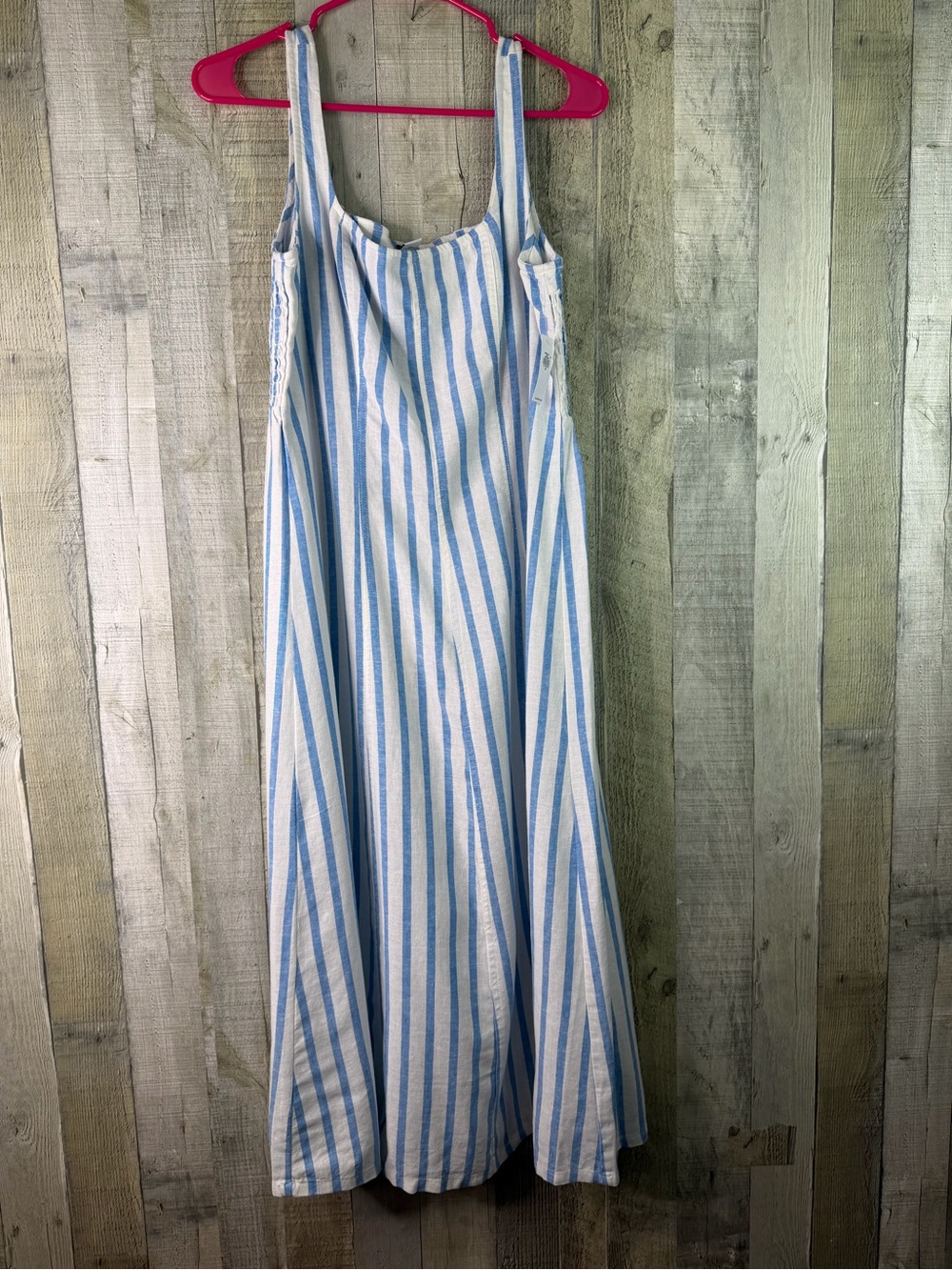 Old Navy Medium Blue & White Striped Smocked Linen Blend Sleeveless Dress